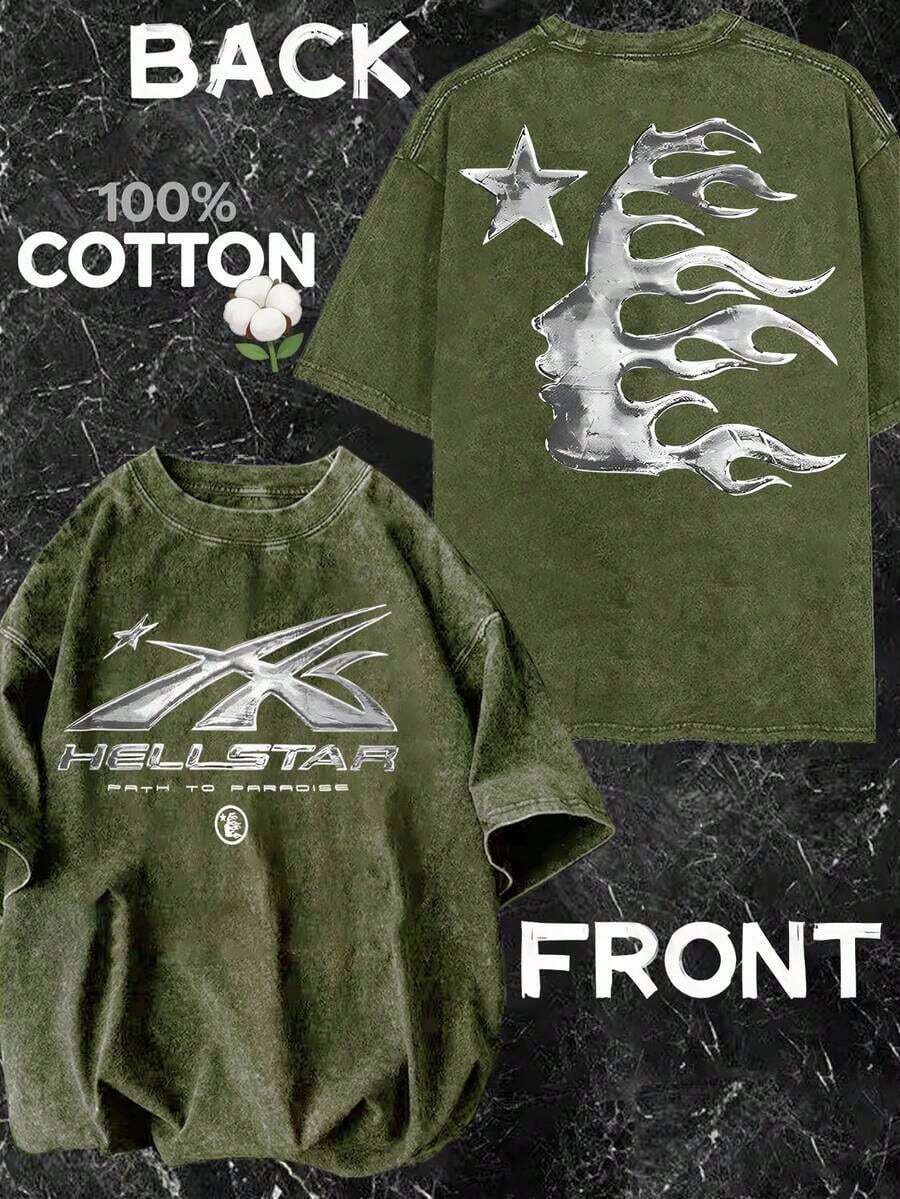 2026 Summer New Arrival Unisex High Quality 100% Cotton T-Shirt Men's Printed Pattern Washed T-Shirt - Casual Loose Summer T-Shirt With Star And Flame Design, Adult Brown 100% Pure Cotton Round Neck Shirt, Breathable T-Shirt | Avant-Garde Casual Wear Vintage Streetwear Style T-Shirt For Men - 橄欖綠 - 查看 1