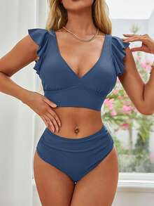 Conjunto de biquíni de verão com decote em V e babados em cor sólida - Azul Empoeirado - Ver 1