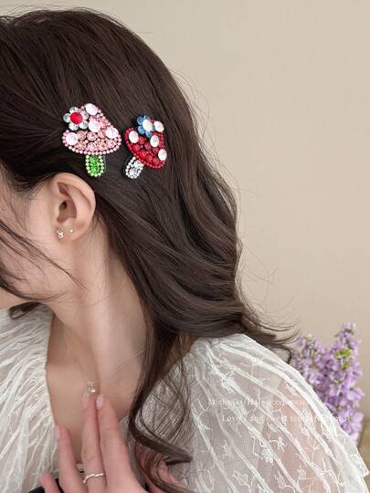 1pc Rhinestone Flower & Mushroom Hair Clip, Cute Bangs Clip For Fringe, Versatile Hair Accessory