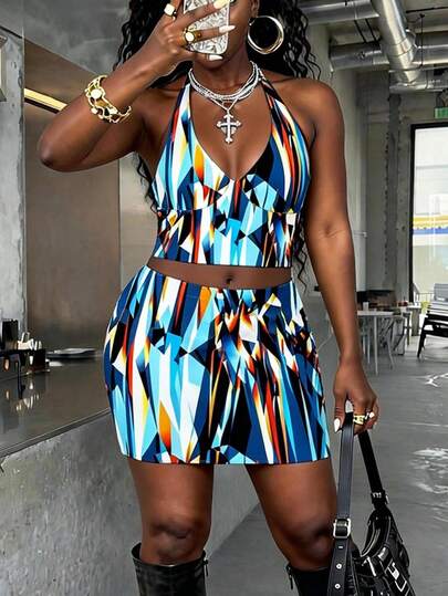 女士菱格纹露背吊带V领露背短裙两件套，蓝白配色，Y2K性感紧身套装，适合夏季度假、约会、派对、街头风穿搭