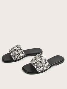 Square Toe Transparent Crystal Print Slip-On Flat Sandals - Black - View 3