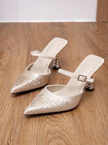 Women's Rhinestone Single-Strap Niche Stiletto Sandals, Spicy Pointed Toe High Heels, Glamorous Open-Toe Slip-On Mules, Comfortable Non-Slip Buckle Shoes For Commuting - Champagne - View 8