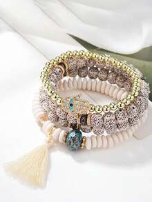 4pcs Boho Beaded Bracelet Set For Women, Hamsa Hand Evil Eye Charm, Summer Beach Vacation Jewelry - Beige - View 4