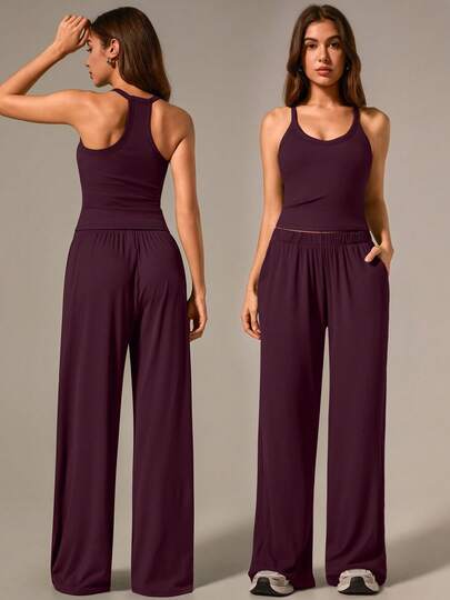 NcmRyu 一套女士吊带罗纹背心和阔腿裤运动套装