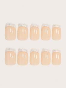 24 pezzi di unghie finte eleganti, colore nude lucido e bianco-argento opaco, versatili per appuntamenti, feste, Capodanno cinese, uso quotidiano in autunno/inverno, set di manicure rimovibile con gel trasparente e lima inclusi, colore gel trasparente casuale - Albicocca - Visualizzare 2