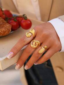 Uself 3pcs/1pc Chic 18K Gold Plated 304 Stainless Steel Ring Set Modern Interlocking Knot & Textured Teardrop Design Dainty Finger Jewelry For Women & Minimalist Fashion Enthusiasts - Multicolor - View 5