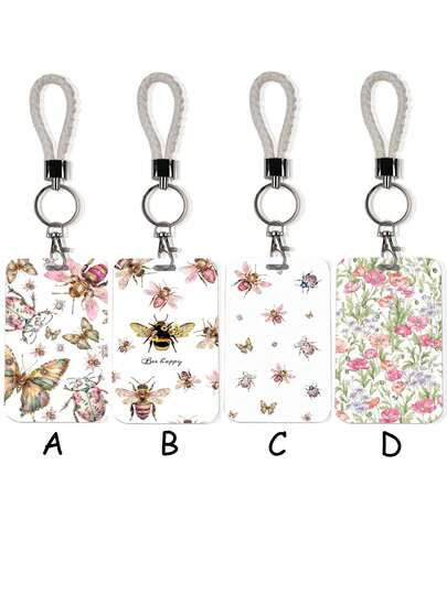 1pc ABS Nature-Inspired Insect & Floral Card Holder Set, High-Quality Student/ID Card Protector With Woven Lanyard, Lightweight & Portable For Commuting, Office, Daily Use