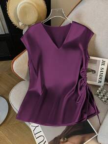 Women's Solid Color Satin V-Neck Ruched Summer Elegant Blouse - Màu tím - Xem 3