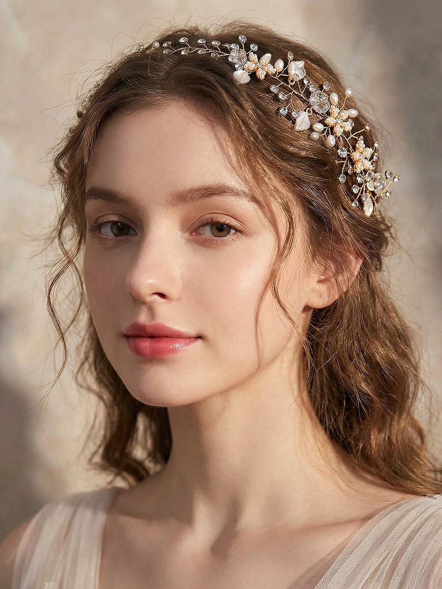 1件闪亮合金水钻花朵头饰，优雅珍珠水晶新娘花冠头饰，适合婚礼、伴娘、庆典、派对、节日、休闲场合佩戴