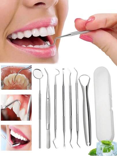 6 piezas Juego de Higiene Oral Profesional de Acero Inoxidable - Incluye un conjunto completo de herramientas de limpieza y blanqueamiento dental necesarias para el cuidado oral diario, con un práctico estuche de almacenamiento