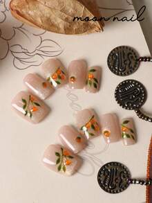 10pcs Press On Nails Golden Cat's Eye Green Leaf Small Persimmon Nails Press On Nail Supplies Short Nails Fake Nails Artificial Nails Kit Includes 1sheet Adhesive Tabs &1 Pc Mini File - Multicolor - View 3