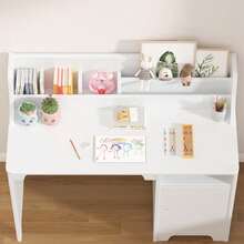 Juego de computadora y Silla para niños, computadora de Estudio para niños con Cabina, gabinete de Almacenamiento, Mesa Estudio de Madera para niños, computadora de Escritura para. - Blanco - Ver 5