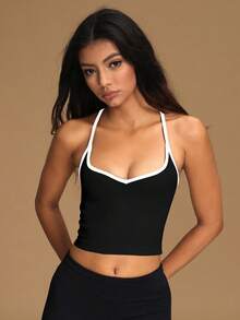 VVX Áo tank top crop cổ tim phối màu cho nữ, dây mảnh, hở lưng gợi cảm, thích hợp tập luyện yoga, thể thao, phong cách Y2K, không đường may, chất liệu gân, mềm mại, thoải mái, phù hợp mặc hàng ngày ở phòng tập, mọi mùa. - màu đen - Xem 2