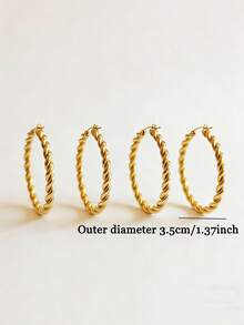 One Pair/Two Pairs Gold Tone Braided Hoop Earring The Size Is 3.5 Cm/1.37 Inch Exaggerated Large Circle Metal Earrings For Women, Daily & Party Wear Minimalist Statement Earrings, Vacation & Date Night Jewelry - Multicolor - View 3