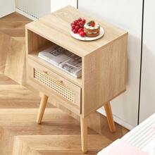 Rattan Side Table With Drawer And Solid Wood Legs, Modern Bedside Table, Side Table For Living Room, Bedroom, Natural Wood Look - H55/W40/D30 Cm - Khaki - View 5