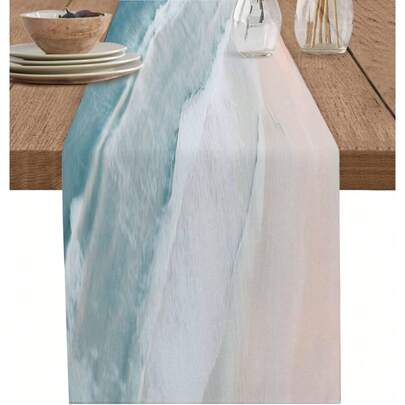 蓝色桌旗，海浪图案餐厅桌旗，夏季厨房桌布，梳妆巾，适用于咖啡馆、西式派对、婚礼装饰