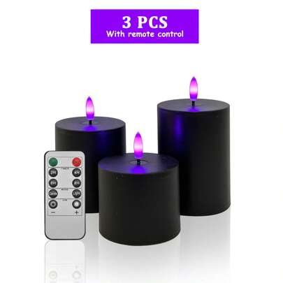 Bộ 3 nến giả không lửa có điều khiển từ xa/hẹn giờ, nến chạy bằng pin, nến đen với ánh sáng tím, dùng để trang trí bàn ăn, thích hợp cho Giáng sinh, Halloween, Ngày Valentine, Ngày của Mẹ, quà tặng, sinh nhật, Ngày Cá tháng Tư, bàn ăn, tiệc tùng, trang trí không khí lễ hội.