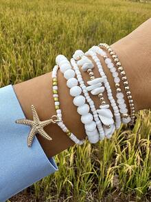 Set de 7 piezas/14 piezas de pulseras trenzadas con estrellas de mar de vidrio estilo bohemio, un regalo precioso para mujeres en vacaciones de playa - Multicolor - Ver 3