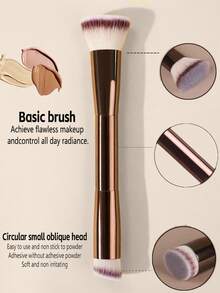 两支装双头粉底/散粉刷套装 - 柔软合成刷毛，铝制手柄，多功能面部彩妆工具，适用于液体/膏状粉底、腮红、修容粉和定妆粉 - 棕色 - 查看 6