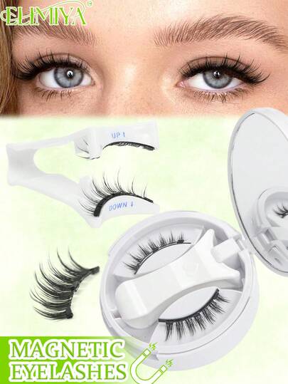 1 Pair, Three-Dimensional Layered Lengthening And Curling, Black Stem, Eye Tail Elongated, Comes With Portable Mirror Box And Magnetic Eyelashes, Suitable For Daily Commuting, Magnetic Eyelashes