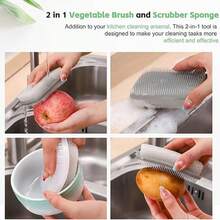 Cepillo de limpieza de esponja 2 en 1, cepillo colgante de plástico para limpiar frutas y verduras, estropajo de esponja para limpieza profunda - Multicolor - Ver 3