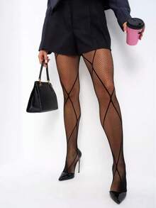 1 par de calcetines de red geométricos con líneas, calcetines de red con patrón de rombos de estilo oscuro, medias de alta elasticidad - Multicolor - Ver 4