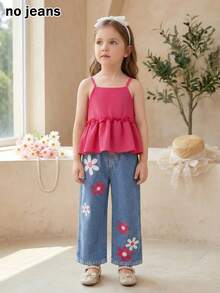 BASUSARRI 两件套少女套装：吊带上衣，荷叶边下摆，收腰设计，数码印花效果，直筒裤，时尚休闲套装 - 藍色 - 查看 3