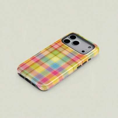 Colorful Plaid Retro Square Candy Color Print Phone Case, Durable Two-In-One Protection, Fits  17 16 15 14 13 12 Pro,  Galaxy Series