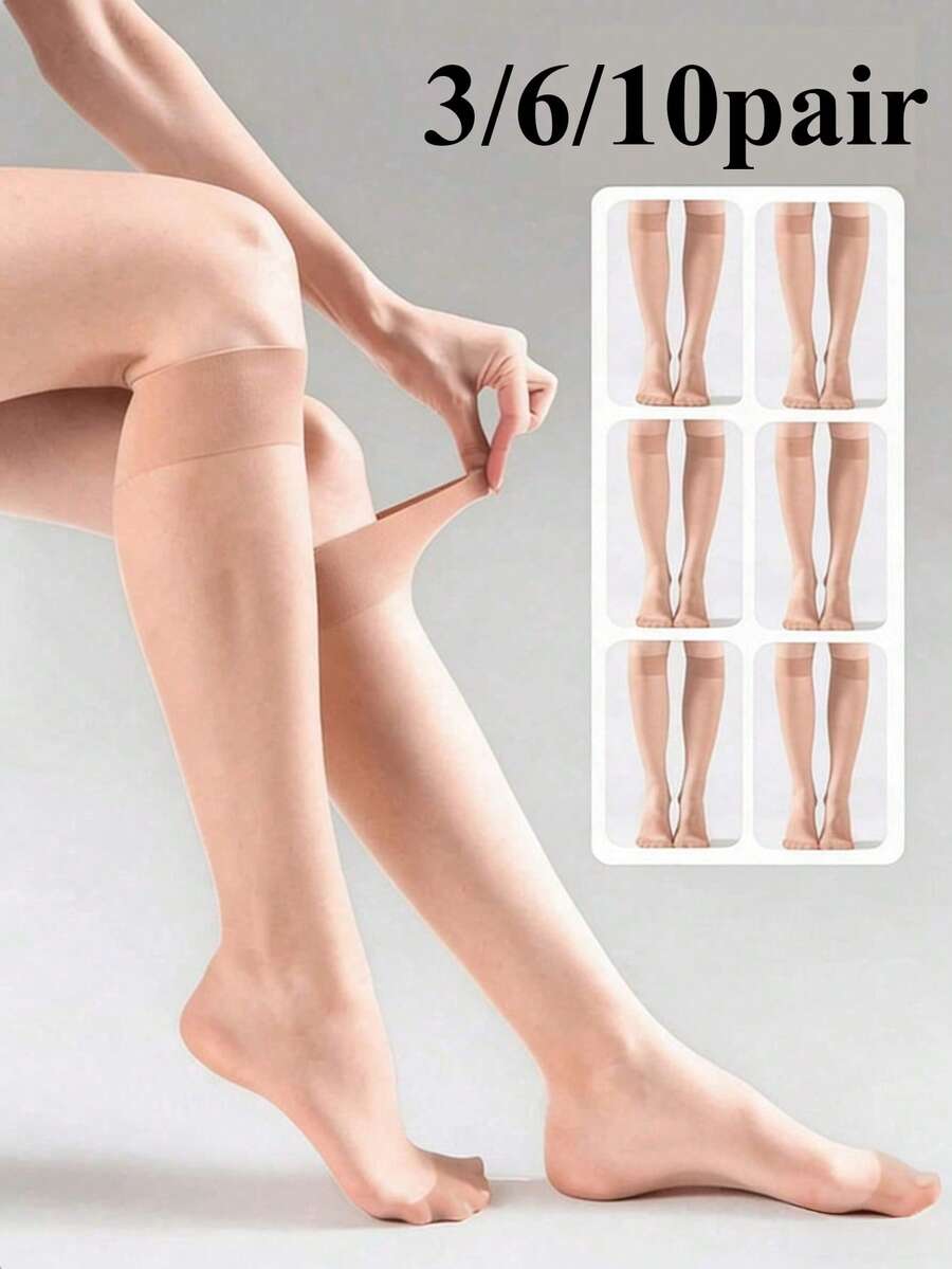 3/6/10双装女士杏色和黑色15D过膝长筒袜，防勾丝，包芯真丝，性感，超薄，超透明，百搭，及膝，适合居家、通勤、派对、送礼 - 杏色 - 查看 1