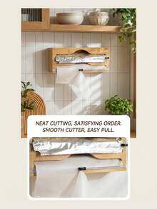 1 piece: Cling film cutter, wall-mounted bamboo and wood kitchen storage rack, foil box and paper towel holder, two-way sliding blade multi-layer organizer, 2-layer and 3-layer options, with hanging rod. - مشاهدة 6