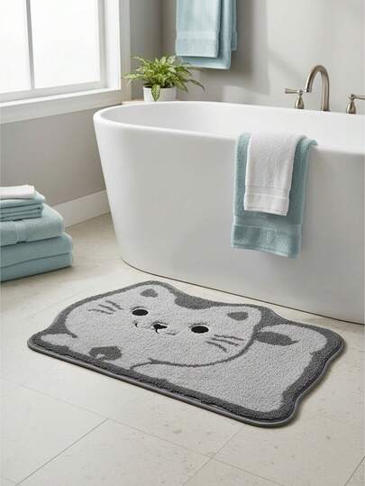 1件柔软吸水仿羊绒浴室垫，舒适卡通猫咪图案，适用于浴室地板、洗手池、浴缸、淋浴房、浴室地毯