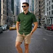 Men's Dress Shirt With Italian Collar, Short Sleeves, Slim Fit, Casual, Versatile, Elegant, Basic - 松綠 - 查看 9