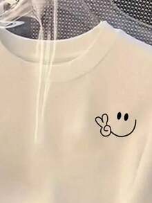 Camiseta estampada mujer cuello redondo y mangas cortas, uso casual diario tshirts para mujeres carita feliz happy face - Blanco - Ver 2