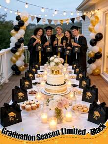 5个优雅黑色毕业礼品袋，饰以金色箔纸和缎带，内含毕业帽、毕业证书和缎带——是毕业派对用品和礼品包装的完美之选 - 多色 - 查看 6