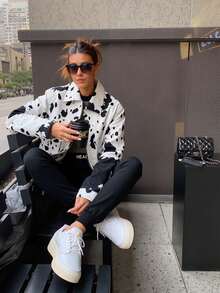 Women's Retro American Street Style Contrast Color Cow Print Jacket, Loose Fit Flattering, Niche Design Short Jacket Vacation Spring - Black and White - View 6