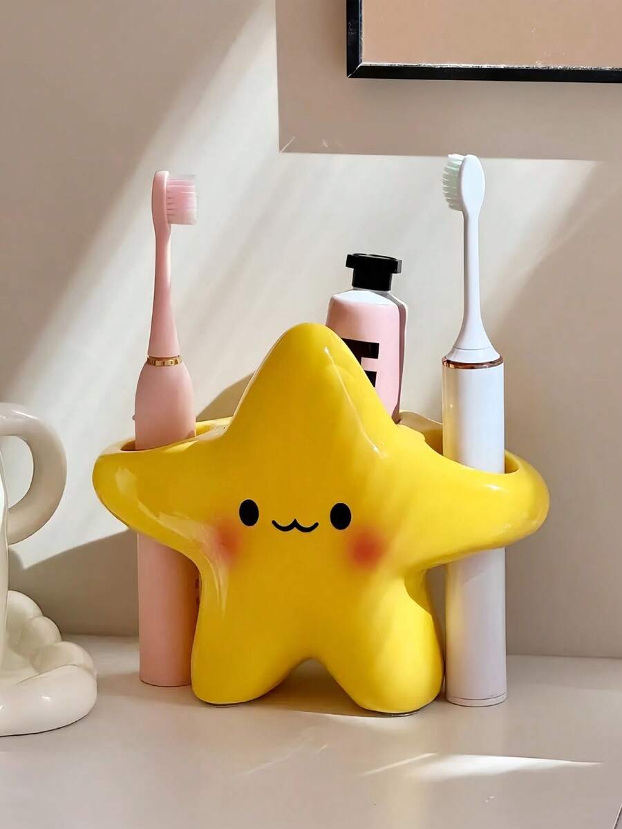 1个INS风格星星笑脸牙刷架，可爱卡通浴室台面牙刷牙膏收纳架，时尚 - 彩色 - 查看 1