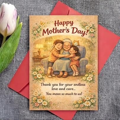 1 Thiệp chúc mừng Ngày của Mẹ, hình minh họa bà và các cháu theo phong cách cổ điển, lời nhắn "Cảm ơn tình yêu vô bờ bến của mẹ", kèm phong bì đỏ, món quà hoàn hảo dành cho bà.
