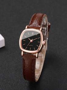 Set de 2 piezas: Reloj de pulsera de cuarzo elegante para mujer con esfera cuadrada y esfera pequeña + Pulsera con dije de corazón (Caja de reloj no incluida) - Marrón - Ver 7