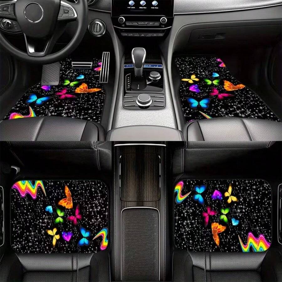 Bộ 4 thảm trải sàn ô tô, thảm cao su chống trượt họa tiết bướm thời trang cho phía trước và phía sau, thích hợp làm phụ kiện bảo vệ nội thất ô tô, thiết kế phẳng 2D. - 4 con bướm đầy màu sắc - Xem 1