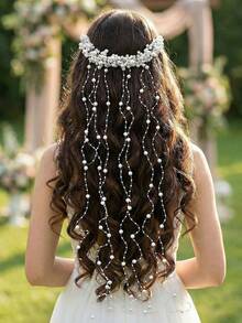 1pc Delicate White Faux Pearl Beaded Tassel Hair Chain Headpiece, Handmade Bridal Wedding Party Festival Spring Photoshoot Fairy Hair Accessory, Suitable For Dancing, Bride To Be, Hair Accessories For Women - White - View 6