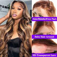 ZHENDEFA 4/27 渐变蜂蜜金棕色隐形绑带360°蕾丝前假发，真人发抽绳挑染水波纹蕾丝前假发，真人发预拔毛隐形绑带360°高清透明蕾丝假发，200%密度，女士无胶假发 - S4/27 - 查看 5