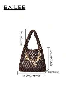 BAILEE 1 Set Polyester Crochet Mesh Bottom Multi-Color Solid Knitted Tote Bag, Quilted Pattern, Lightweight Portable Large Capacity Cute Fashion Beach Bag, Suitable Women, Young Professionals, Teachers/Girls - 咖啡 - 查看 5