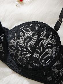 一件舒适黑色网纱蕾丝文胸，钢圈设计，柔软修身，日常时尚女士内衣 - 黑色 - 查看 6