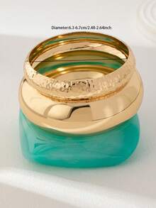 3pcs Resin Bangle Set, Turquoise Metal Thick Round Bangle, Stackable Bracelet Set Suitable For Spring & Summer (Resin Bangle Color Randomly Assorted) - Multicolor - View 3