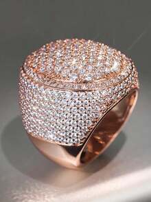 奢华玫瑰金几何圆形立方氧化锆情侣戒指，订婚结婚礼物珠宝 - 乾枯玫瑰色 - 查看 2