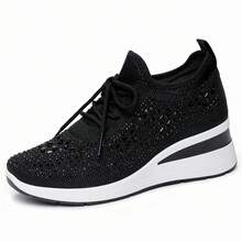Nuevos zapatos casuales transpirables, parte superior de malla con lentejuelas, cómodas zapatillas con plataforma para mamás - Negro - Ver 3