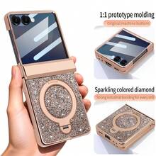 VIETAO Funda protectora para teléfono plegable Galaxy Z Flip 7/6 con Body completo, protector de pantalla de vidrio templado, con soporte circular, lentejuelas y cristales rhinestone, acabado brillante y chapado - Oro champán - Ver 7
