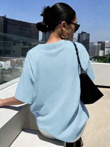 女款可愛淺藍色印花T恤，短袖常規長度圓領，適合夏季休閒穿著、戶外、Y2K、街頭風格 - 天藍 - 查看 2