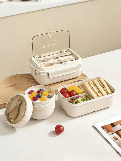 Lunch Box Set With Spoon And Fork, School Bento Box, Sealed Leak-Proof Oatmeal Cup, Breakfast Cup, Lunch Bag, Food Container, Suitable For School, Work, Camping, Picnic, Study, Kitchen Storage Box, Cabinet Organizer, Kitchen Accessories