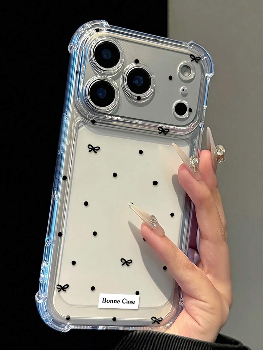 Minimalist Black Polka Dot & Bow Tie Cross Design Anti-Drop Phone Case, Summer Essential, Suitable For Daily Use, Compatible With IPhone 16/16 Pro/16 Plus/16 Pro Max/17/17 Pro/17 Pro Max/15/15 Pro/15 Pro Max/15 Plus/14/14 Pro/14 Pro Max/13/13 Pro/13 Pro Max/12/12 Pro/12 Pro Max - Clear - View 1